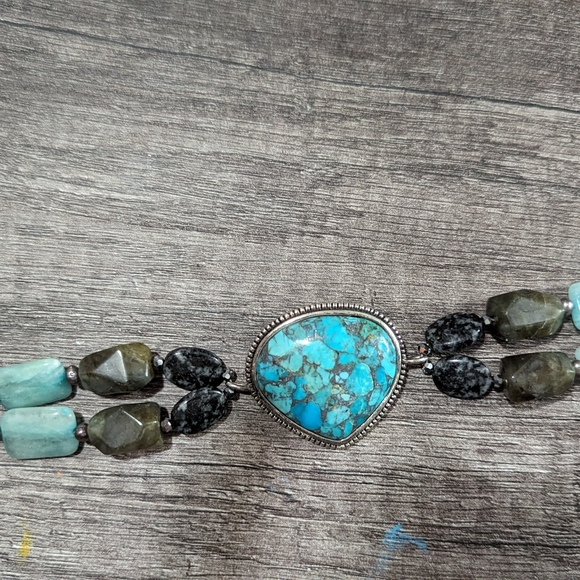 Boho turquoise, aquamarine & sterling bracelet - Picture 7 of 7
